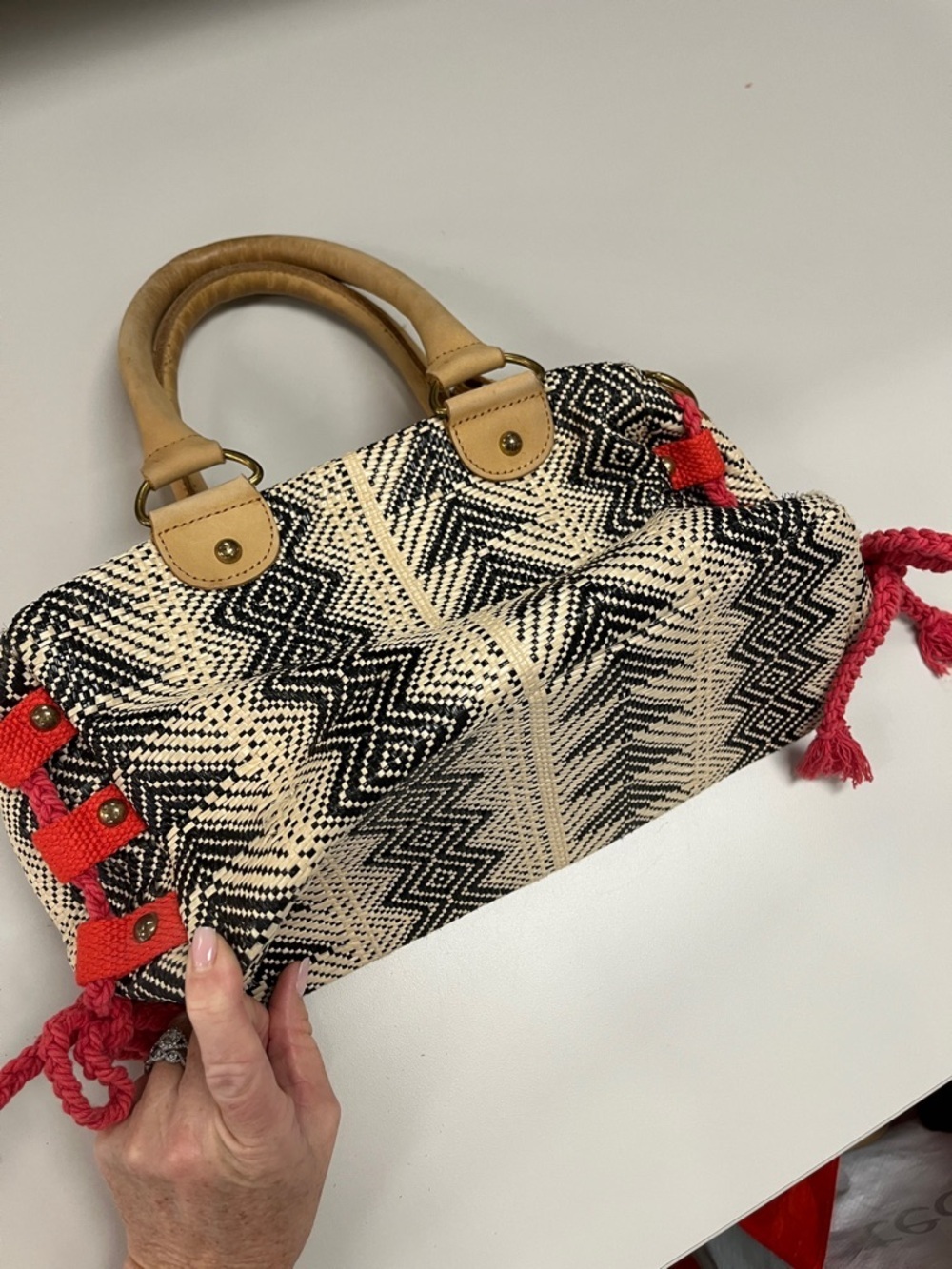 Miss Albright Speciality Woven Chevron Satchel Handbag in Black, Cream & Red